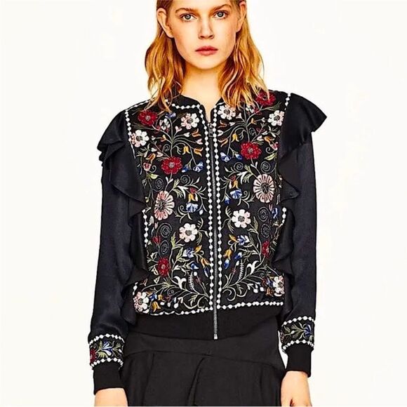Zara viscose/cotton Floral Embroidered Black bomber Jacket, S - Picture 1 of 12